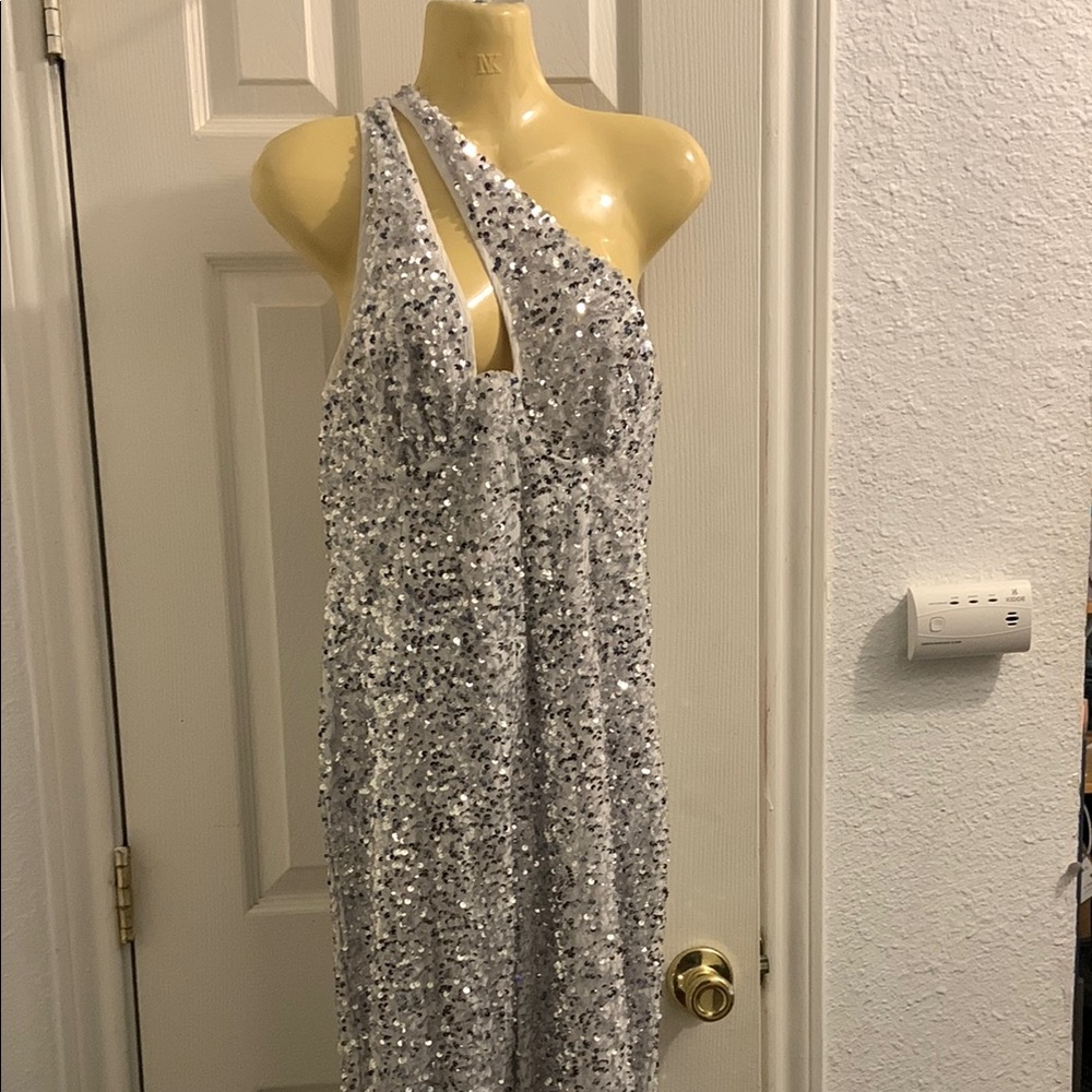 PrettyLittleThing Silver Sequin One Shoulder Jumpsuit